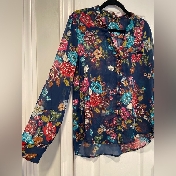 Kut From The Kloth Size MP Navy Blue Floral Sheer Long Sleeve Button Down Top - Picture 4 of 10